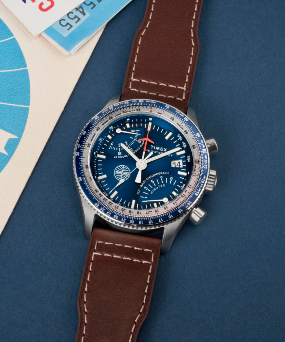 Timex Fly-Back Chronograph x Pan Am® 43mm Leather Strap Watch